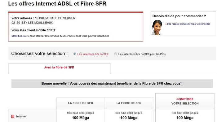 Copie d'écran, éligibilité à al fibre chez SFR